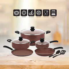 10Pcs Marble Cookware Set | 30cm,24cm Casserole With Glass Lid | 18cm Sauce Pan | 26cm Fry Pan | 28cm Tawa | 2 Pcs Nylon Spatula