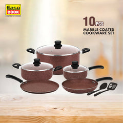 10Pcs Marble Cookware Set | 30cm,24cm Casserole With Glass Lid | 18cm Sauce Pan | 26cm Fry Pan | 28cm Tawa | 2 Pcs Nylon Spatula