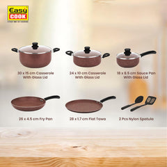 10Pcs Marble Cookware Set | 30cm,24cm Casserole With Glass Lid | 18cm Sauce Pan | 26cm Fry Pan | 28cm Tawa | 2 Pcs Nylon Spatula
