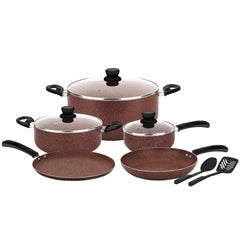 10Pcs Marble Cookware Set | 30cm,24cm Casserole With Glass Lid | 18cm Sauce Pan | 26cm Fry Pan | 28cm Tawa | 2 Pcs Nylon Spatula
