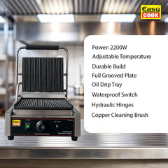Commercial Sandwich Griller MH2200 – 2200W Heavy-Duty Electric Grill for Restaurants & Cafeterias | Full Grooved Plate | 0-300°C Temp Control | Oil Tray | Waterproof Switch | Steel Body