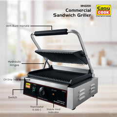 Commercial Sandwich Griller MH2200 – 2200W Heavy-Duty Electric Grill for Restaurants & Cafeterias | Full Grooved Plate | 0-300°C Temp Control | Oil Tray | Waterproof Switch | Steel Body