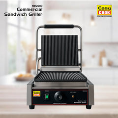 Commercial Sandwich Griller MH2200 – 2200W Heavy-Duty Electric Grill for Restaurants & Cafeterias | Full Grooved Plate | 0-300°C Temp Control | Oil Tray | Waterproof Switch | Steel Body