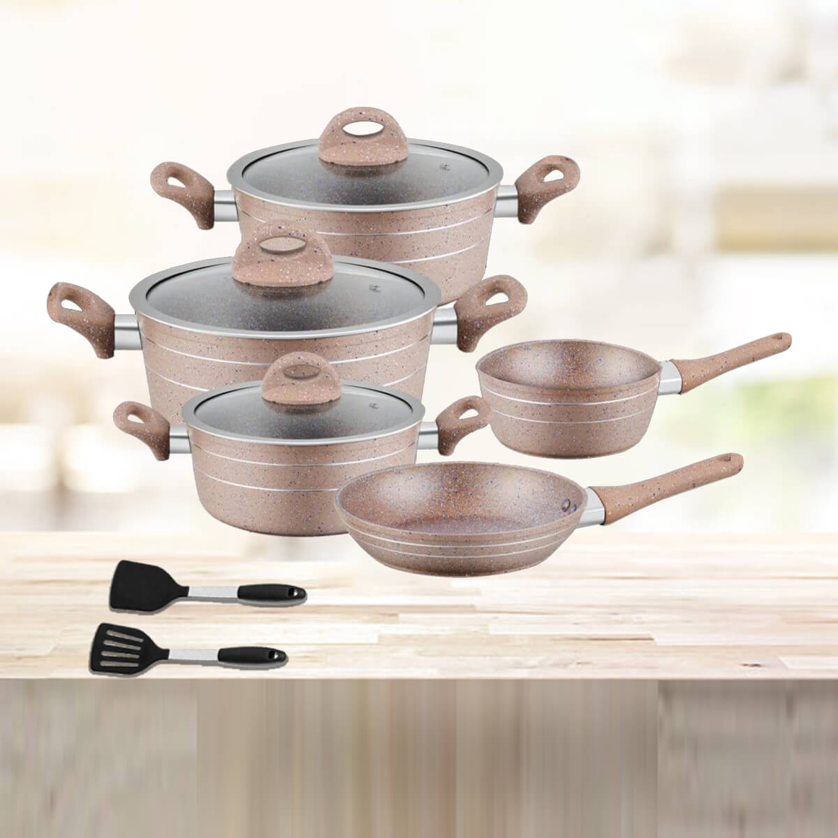 cookware set 10 Pcs, Granite Coated Beige Complete Set