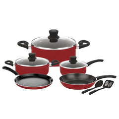 10 Pcs Non Stick Cookware Set | Non Stick Forged Aluminum Body Tempered Glass Lid With Wide Stainless Steel, Maroon