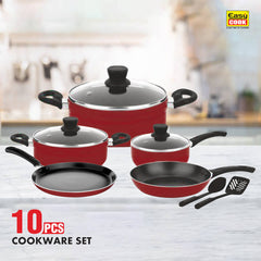 10 Pcs Non Stick Cookware Set | Non Stick Forged Aluminum Body Tempered Glass Lid With Wide Stainless Steel, Maroon