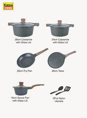 11 pieces marble cookware set black contents casseroles, frypan, tawa, sauce pan