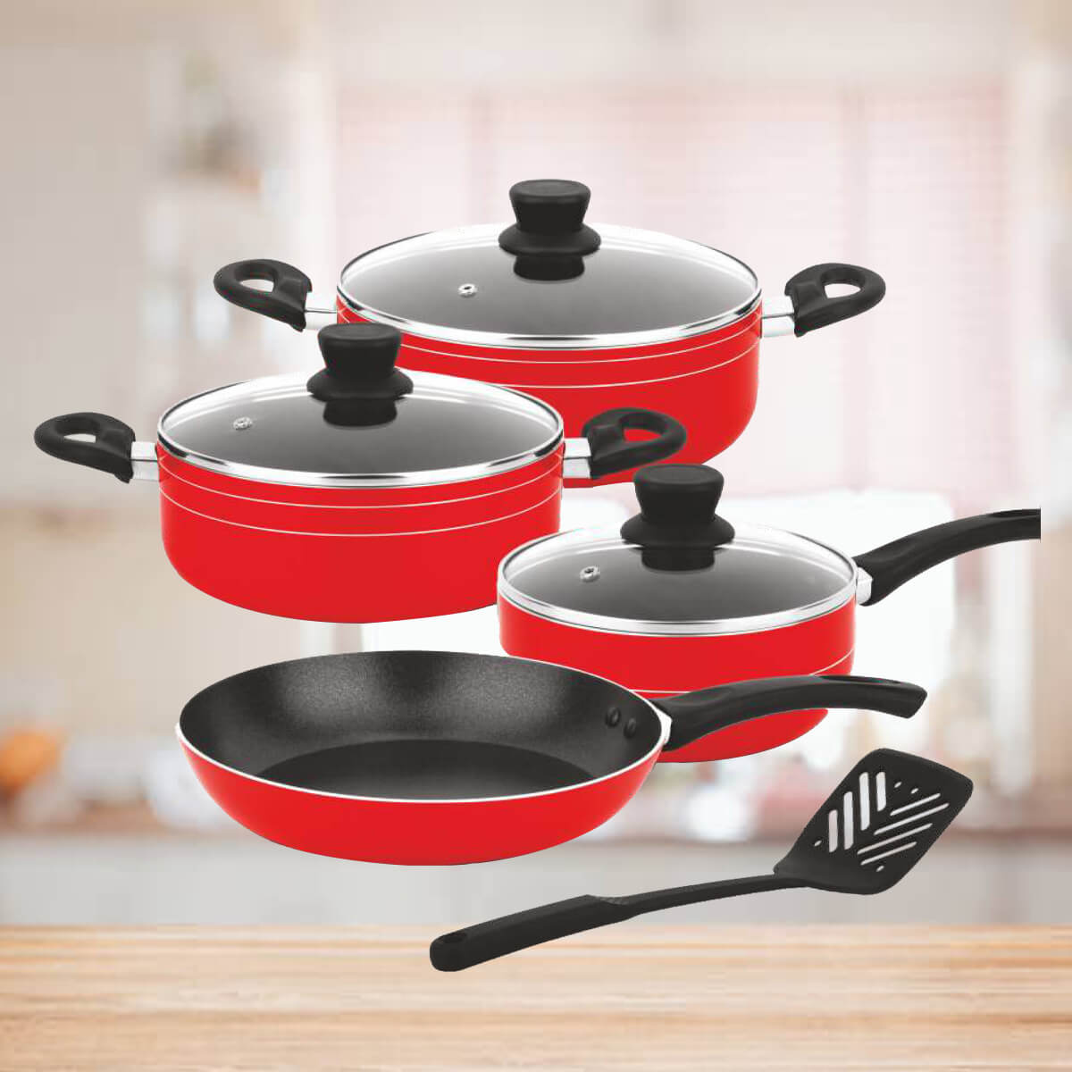 8pc cookware set red - Non Stick Coated