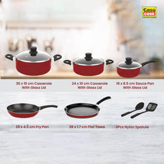 10 Pcs Non Stick Cookware Set | Non Stick Forged Aluminum Body Tempered Glass Lid With Wide Stainless Steel, Maroon