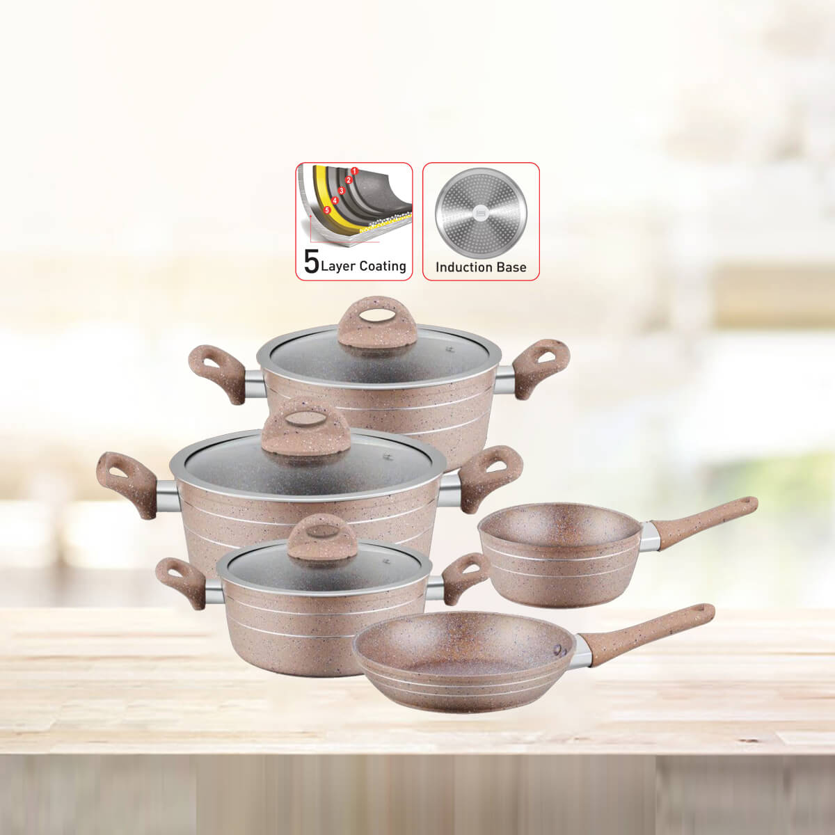 10 Pieces cookware set granite cookware 5 layer coating and Induction base